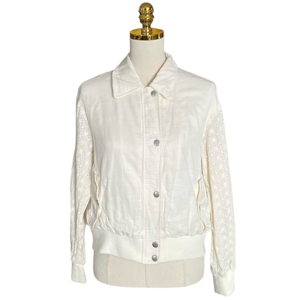 7 FOR ALL MANKIND Women's Off-White Zip-Up Eyelet Sleeves Bomber Jacket Size S